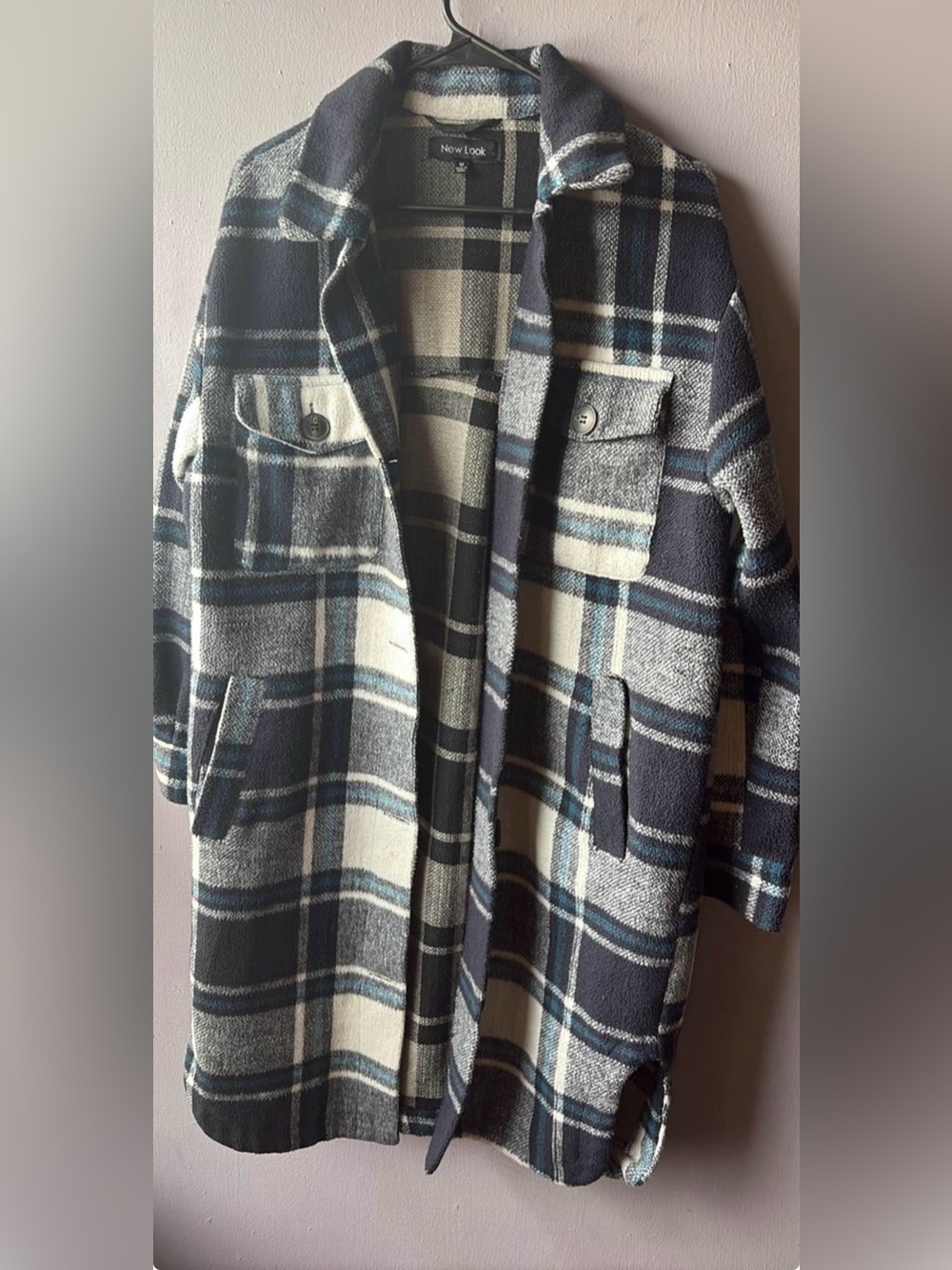 New Look Blue & White Plaid Shacket Coat